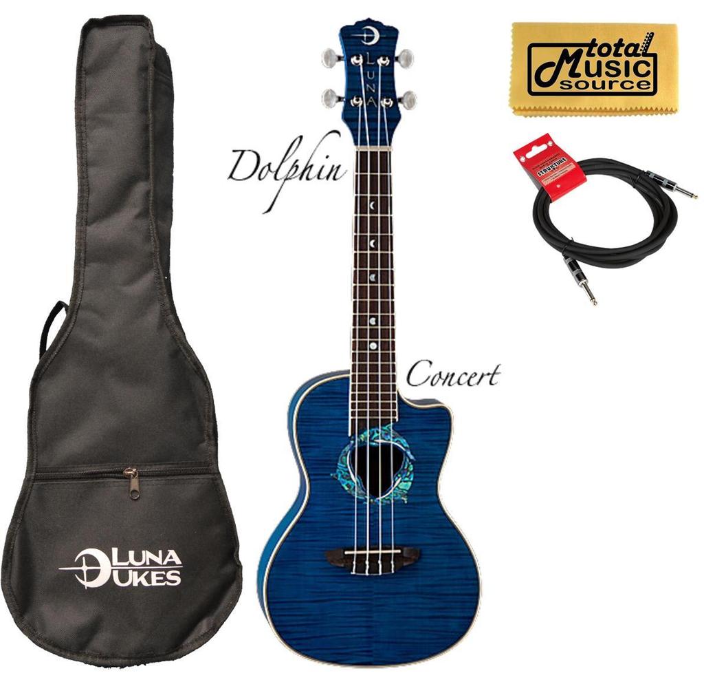 Luna Fauna Dolphin Quilted Maple Concert UkE w/Cable & PC, UKE DPN CABLE