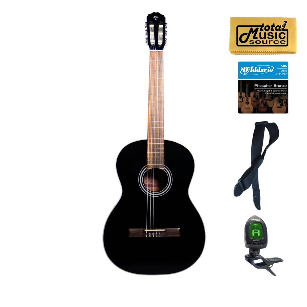 Takamine GC1 BLK Classical Acoustic Guitar, Black Bundle