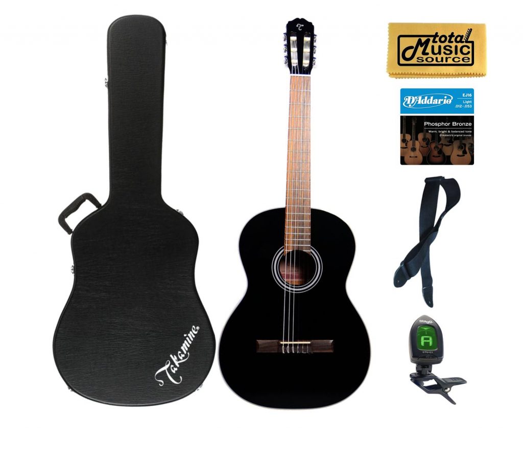 Takamine GC1 BLK Classical Acoustic Guitar, Black Case Bundle