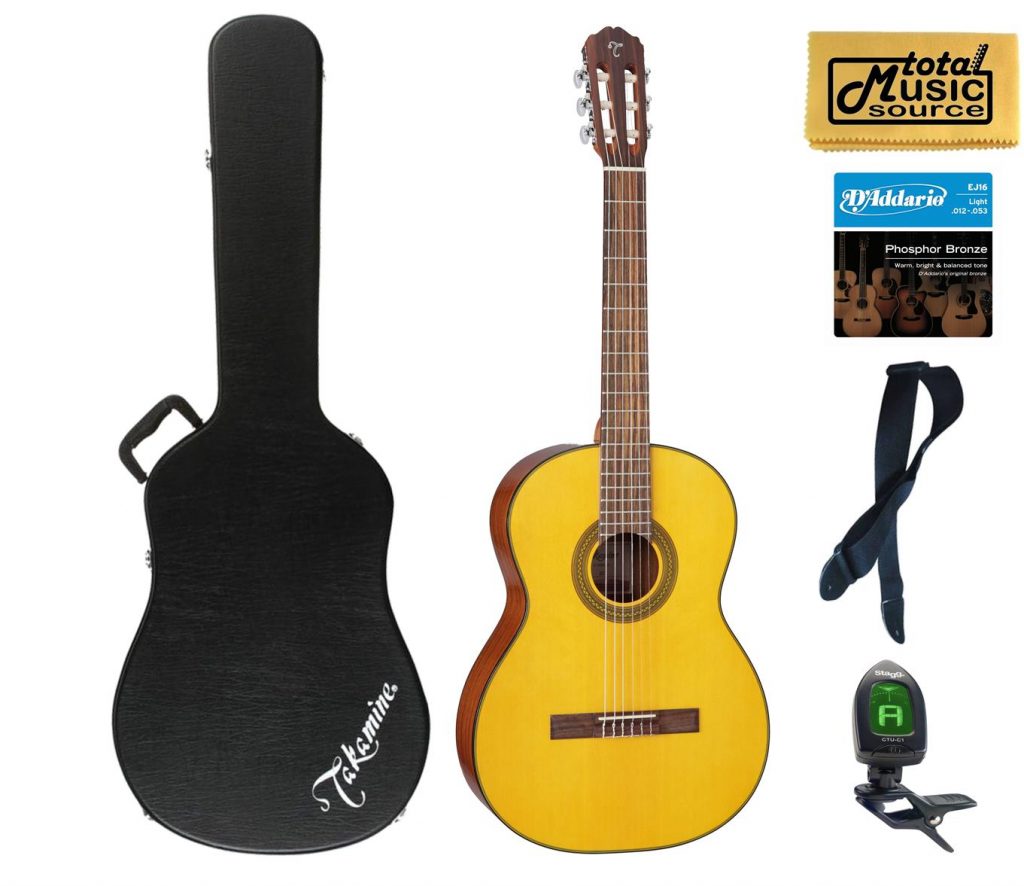 Takamine GC1 NAT Classical Acoustic Guitar, Natural, Case Bundle