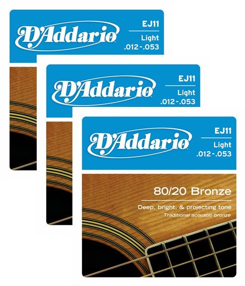 LOT OF 3 - D'Addario 80/20 Bronze Acoustic Guitar Strings, Light, 12-53, EJ11 ^3