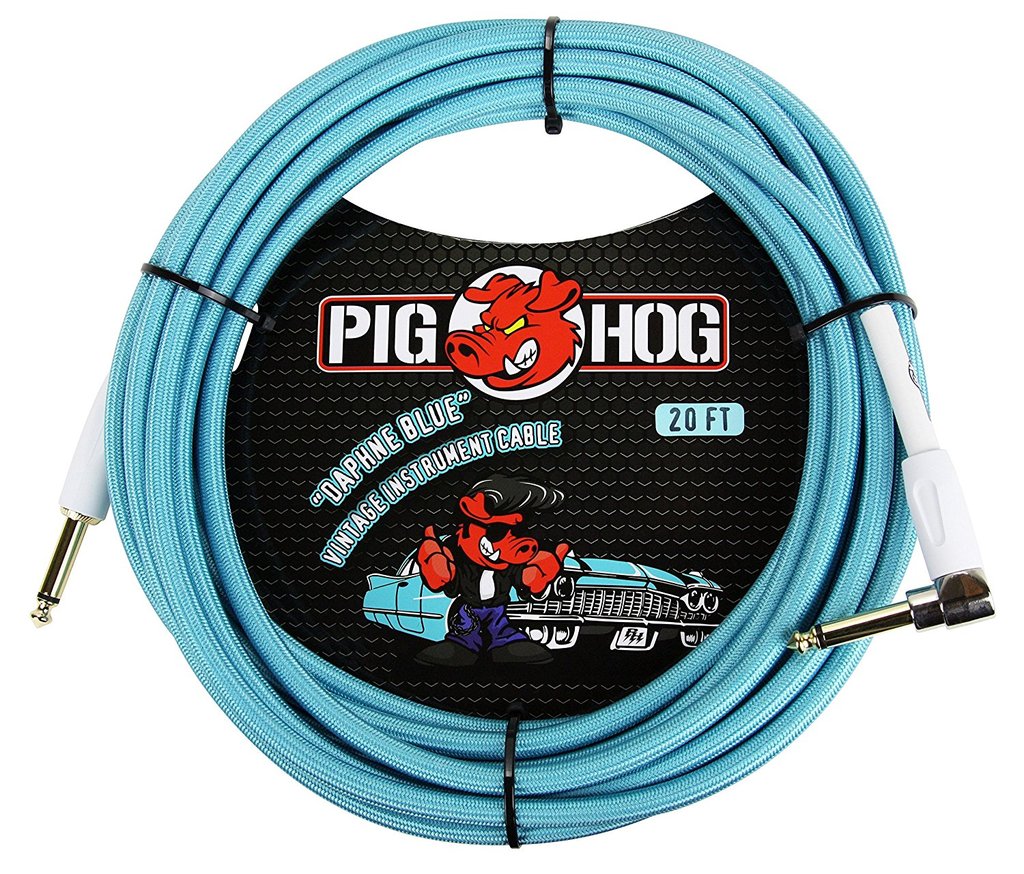 Pig Hog PCH20DBR 1/4' Straight to 1/4' Right-Angle Daphne Blue Instrument Cable, 20 feet