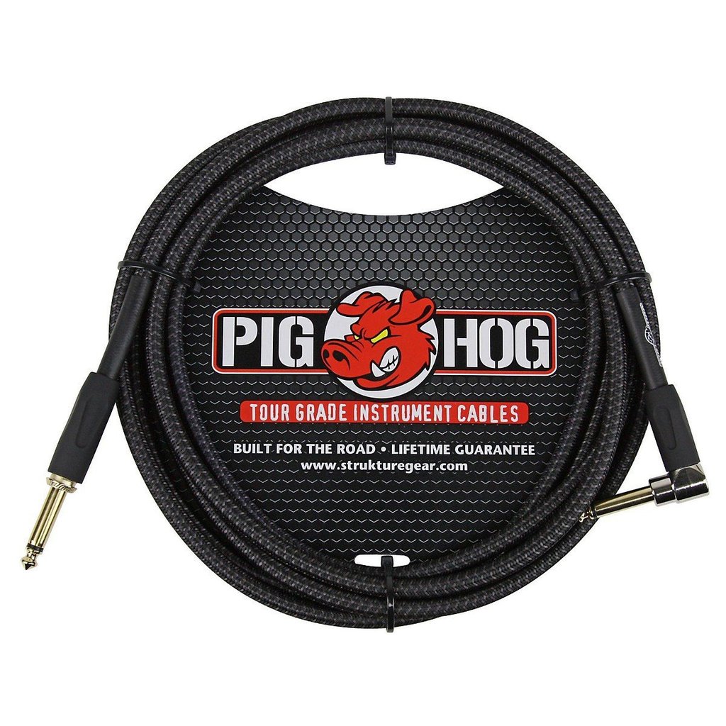 Pig Hog Instrument Cable Black Woven 1/4' to 1/4' Right Angle 10 ft. Black Woven, PCH10BKR
