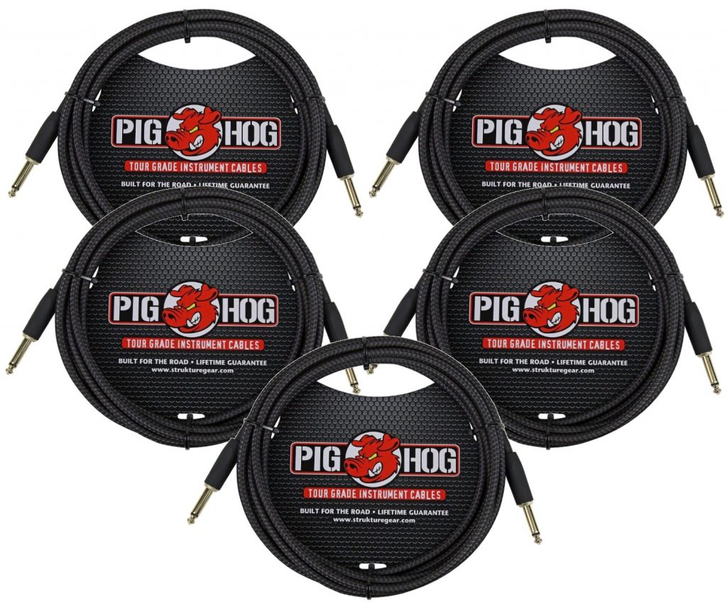 5 PACK Pig Hog Instrument Cable Black Woven 1/4' to 1/4' 10 ft. Black Woven, PCH10BK