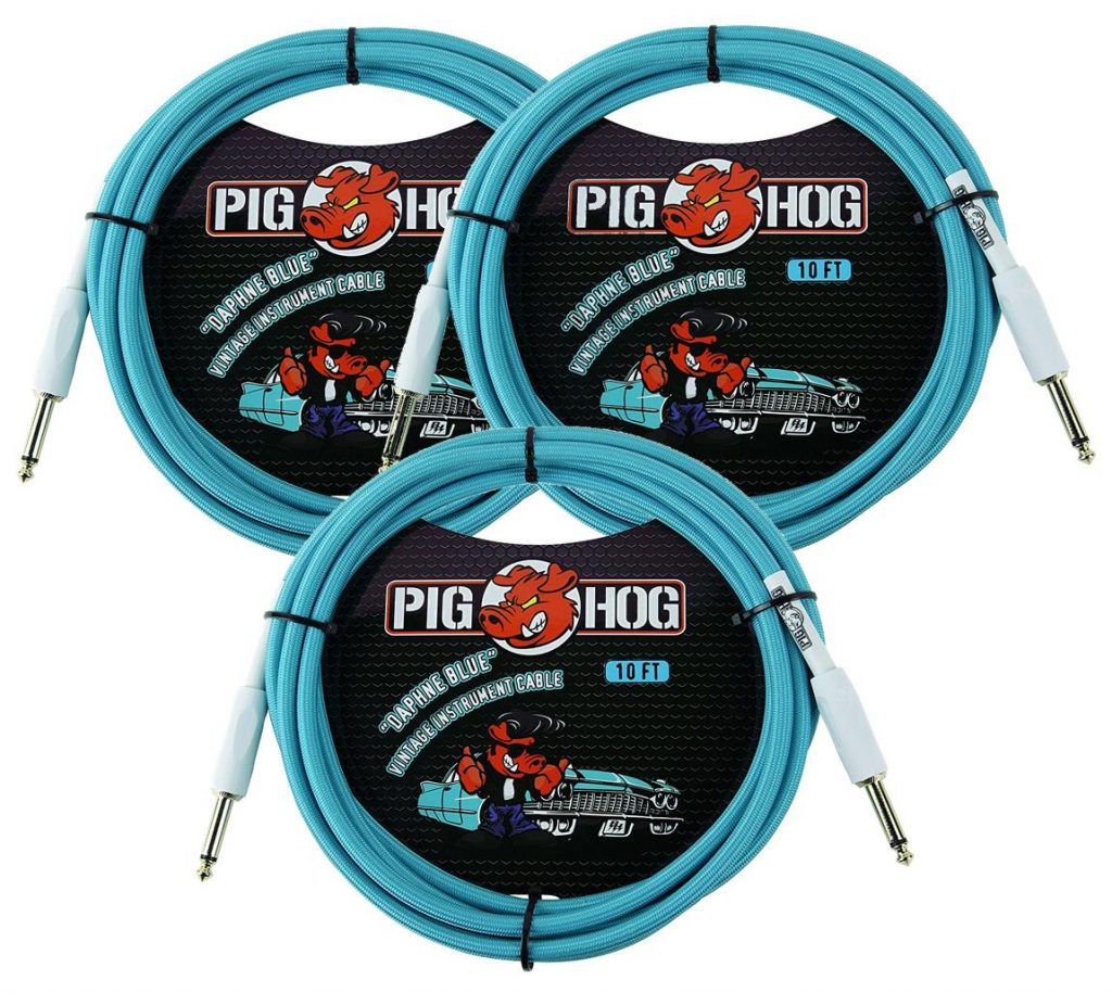 3 Pack Pig Hog 1/4' to 1/4' Daphne Blue Instrument Cable, 10 feet PCH10DB-3