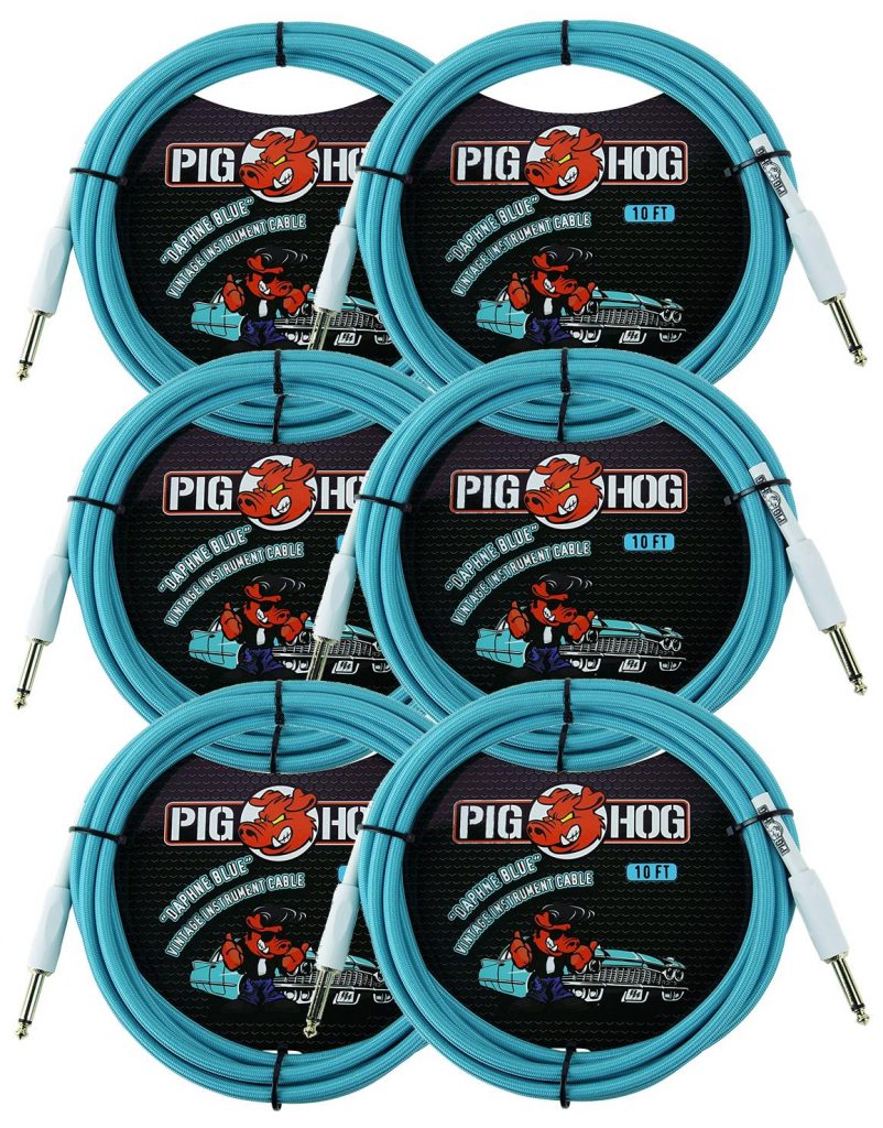 6 Pack Pig Hog 1/4' to 1/4' Daphne Blue Instrument Cable, 10 feet PCH10DB-6