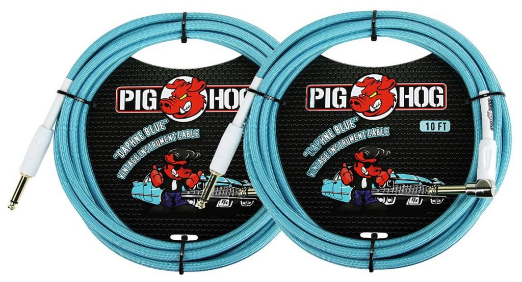 2 Pack Pig Hog 1/4' Straight to 1/4' Right-Angle Daphne Blue Instrument Cable, 10 feet PCH10DBR-2