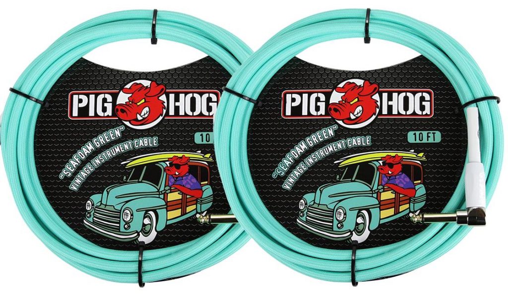 2 Pack Pig Hog 1/4' Straight to 1/4' Right-Angle Seafoam Green Instrument Cable, 10 feet PCH10SGR-2