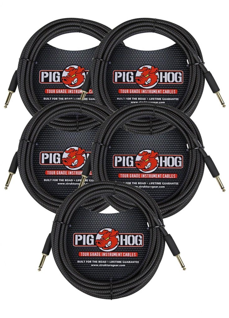 5 Pack Pig Hog Instrument Cable Black Woven 1/4' to 1/4' 20 ft. Black Woven, PCH20BK-5