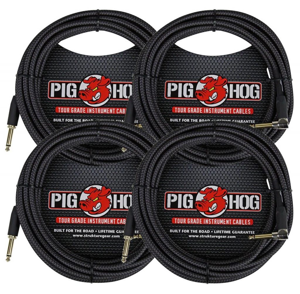 4 Pack Pig Hog Instrument Cable Black Woven 1/4' to 1/4' Right Angle 20 ft. Black Woven, PCH20BKR-4