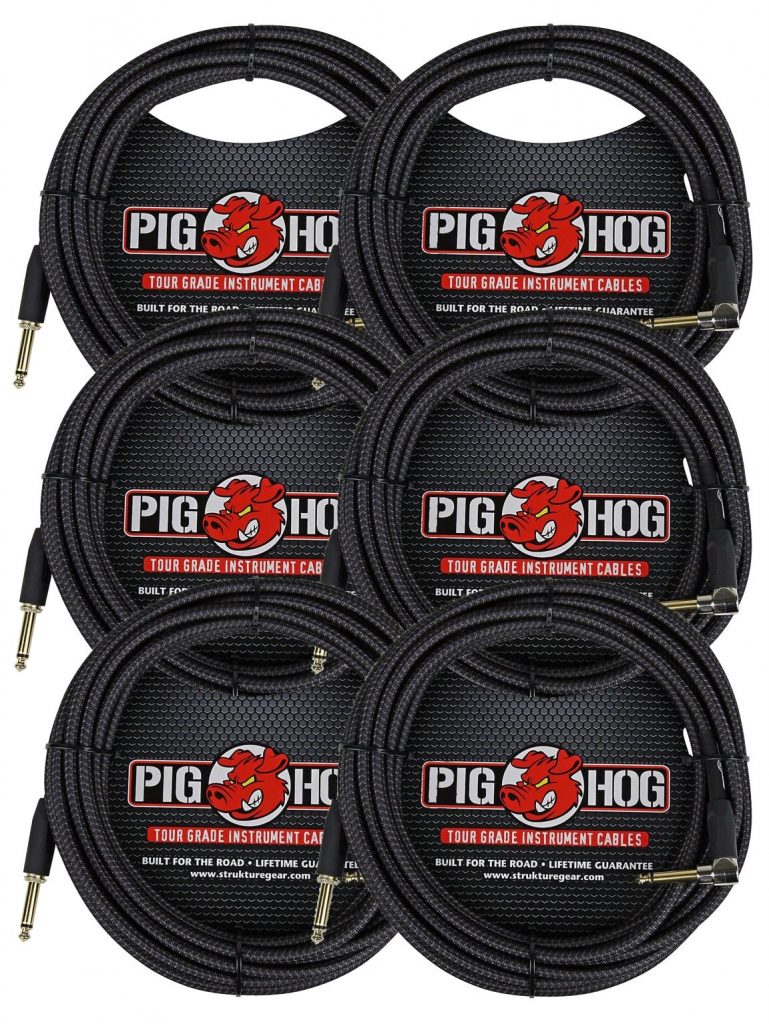 6 Pack Pig Hog Instrument Cable Black Woven 1/4' to 1/4' Right Angle 20 ft. Black Woven, PCH20BKR-6