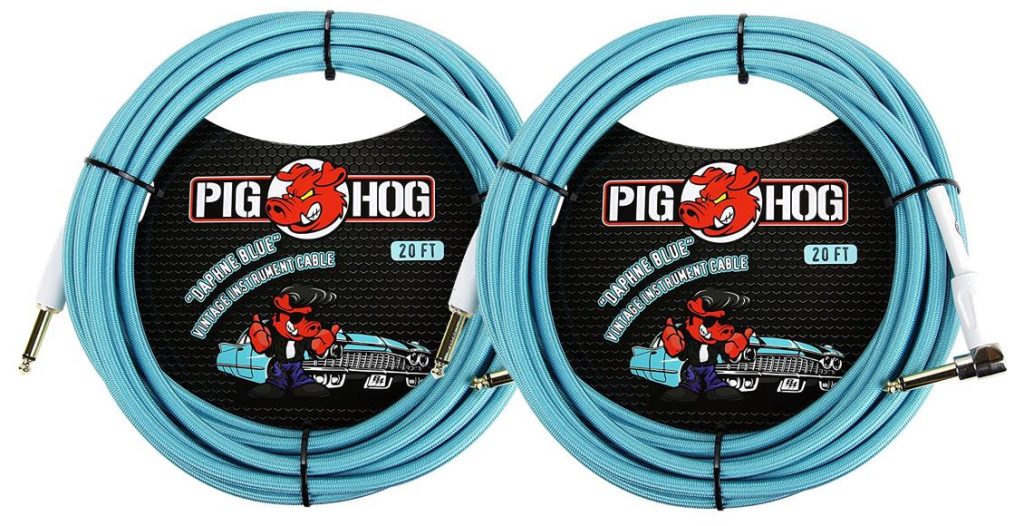 2 Pack Pig Hog 1/4' Straight to 1/4' Right-Angle Daphne Blue Instrument Cable, 20 feet PCH20DBR-2