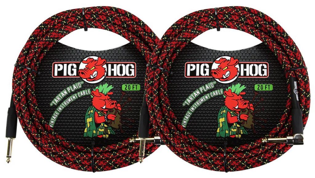 2 Pack Pig Hog 1/4' Straight to 1/4' Right-Angle Tartan Plaid Instrument Cable, 20 feet PCH20PLR-2