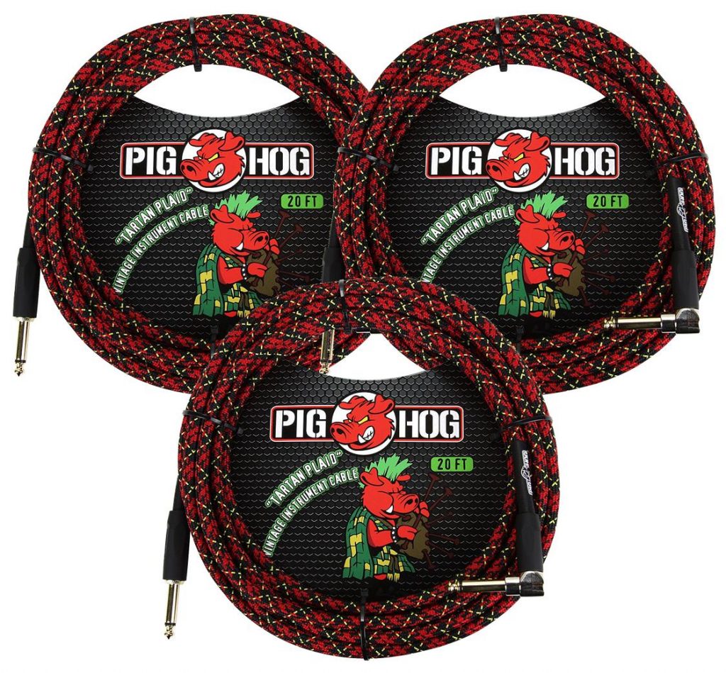 3 Pack Pig Hog 1/4' Straight to 1/4' Right-Angle Tartan Plaid Instrument Cable, 20 feet PCH20PLR-3