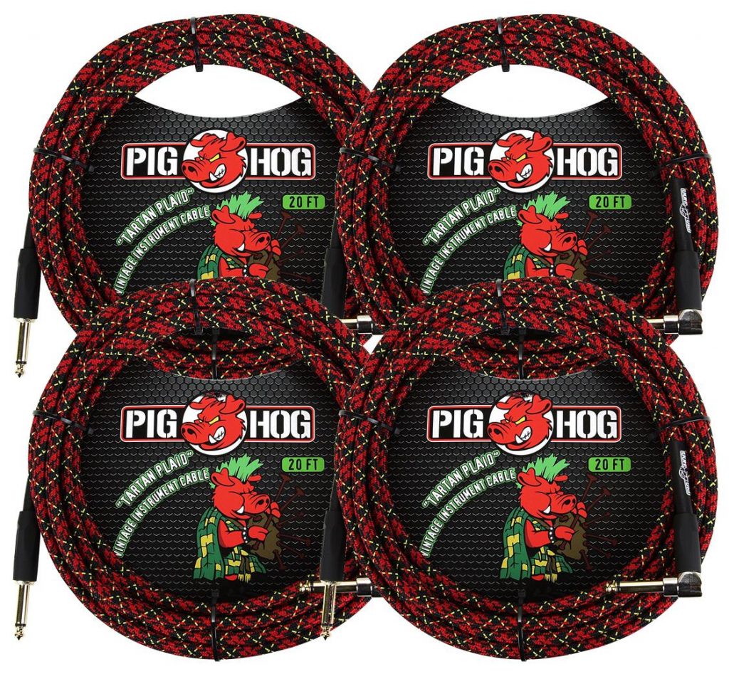 4 Pack Pig Hog 1/4' Straight to 1/4' Right-Angle Tartan Plaid Instrument Cable, 20 feet PCH20PLR-4