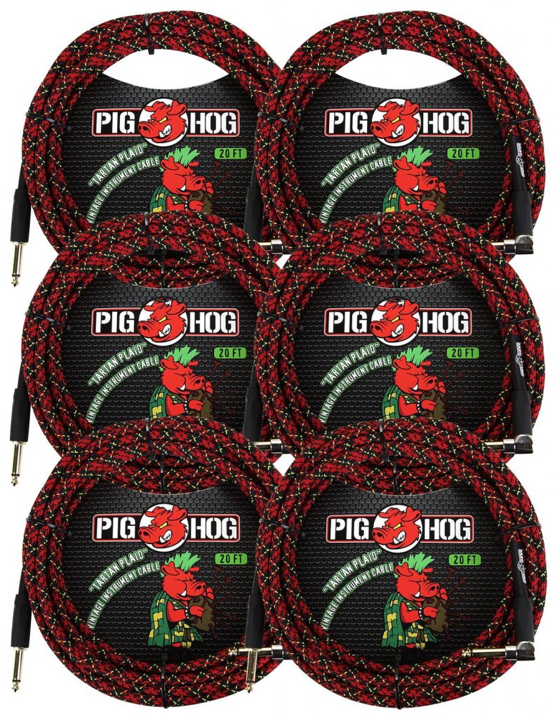6 Pack Pig Hog 1/4' Straight to 1/4' Right-Angle Tartan Plaid Instrument Cable, 20 feet PCH20PLR-6