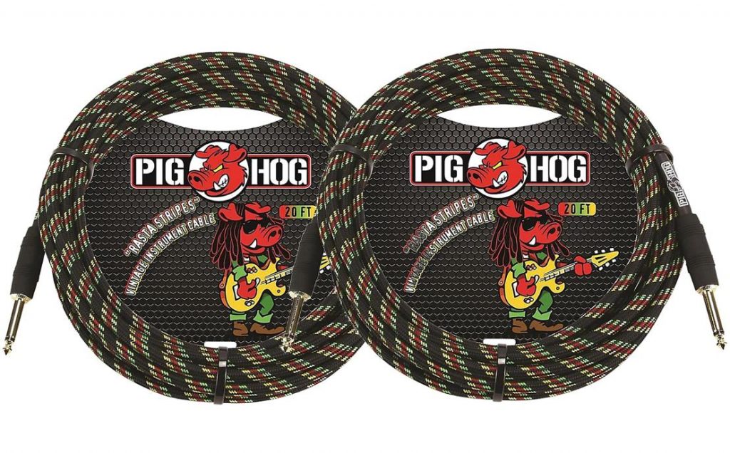 2 Pack Pig Hog Instrument Cable 20 ft. Rasta Stripes, PCH20RA-2