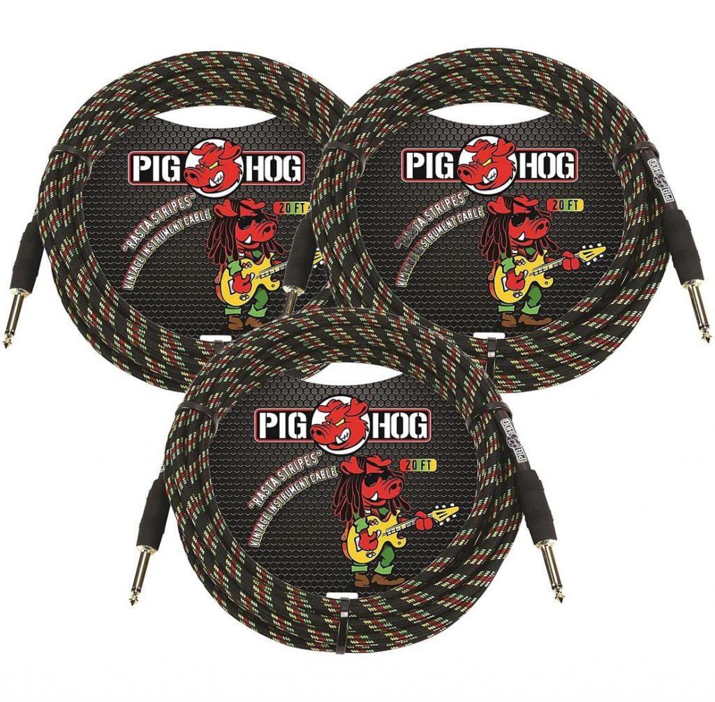 3 Pack Pig Hog Instrument Cable 20 ft. Rasta Stripes, PCH20RA-3
