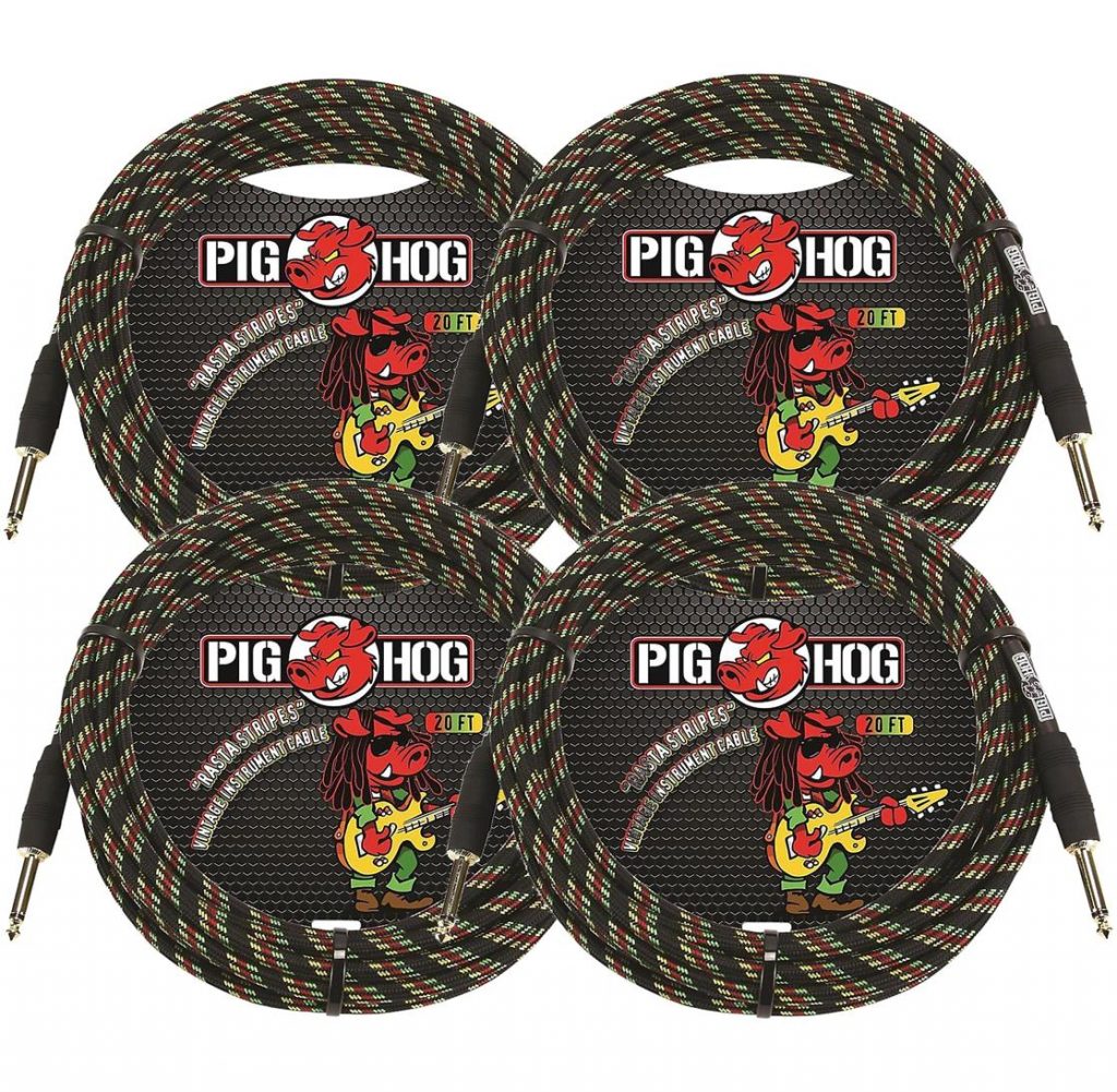 4 Pack Pig Hog Instrument Cable 20 ft. Rasta Stripes, PCH20RA-4