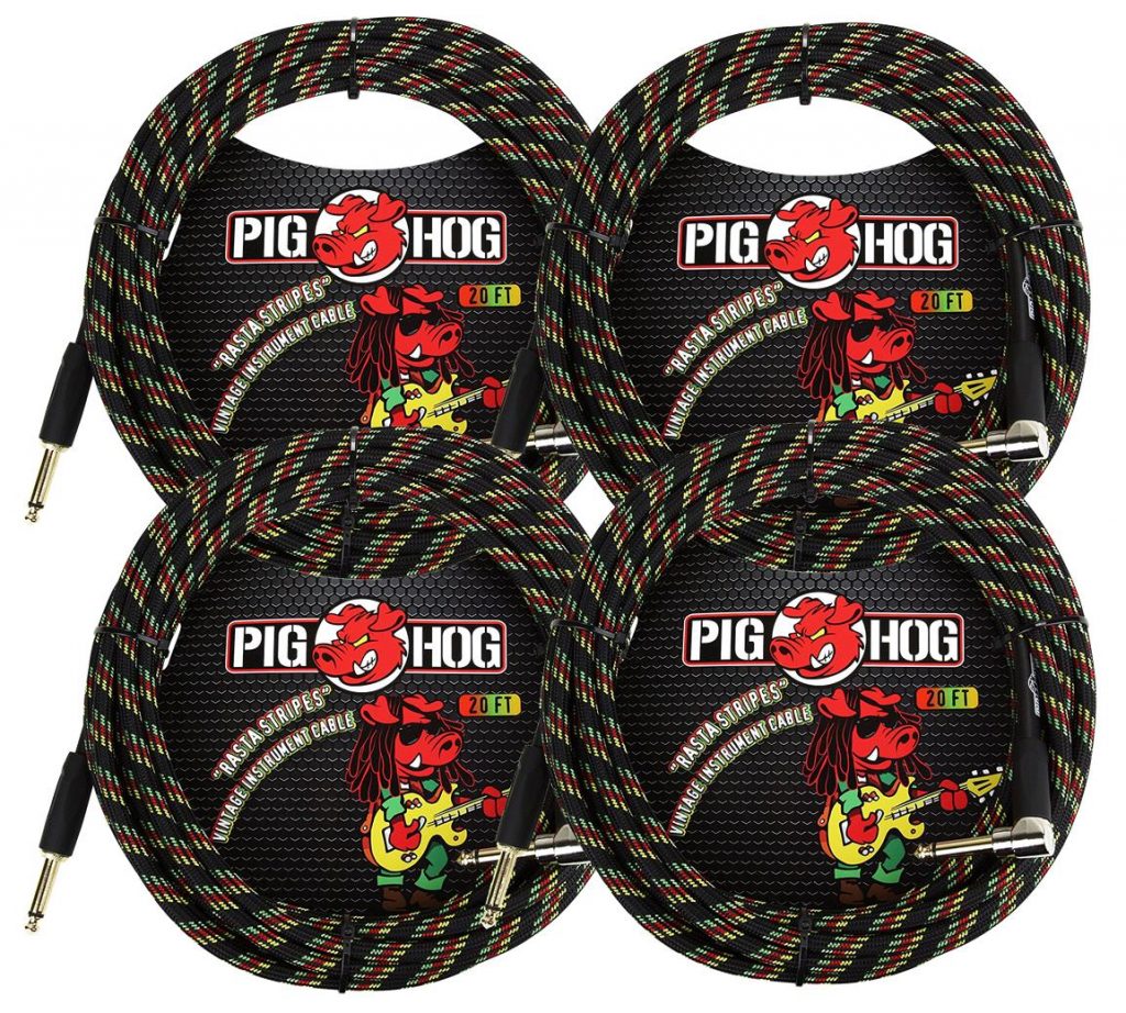 4 Pack Pig Hog 1/4' Straight to 1/4' Right-Angle Rasta Stripes Instrument Cable, 20 feet PCH20RAR-4