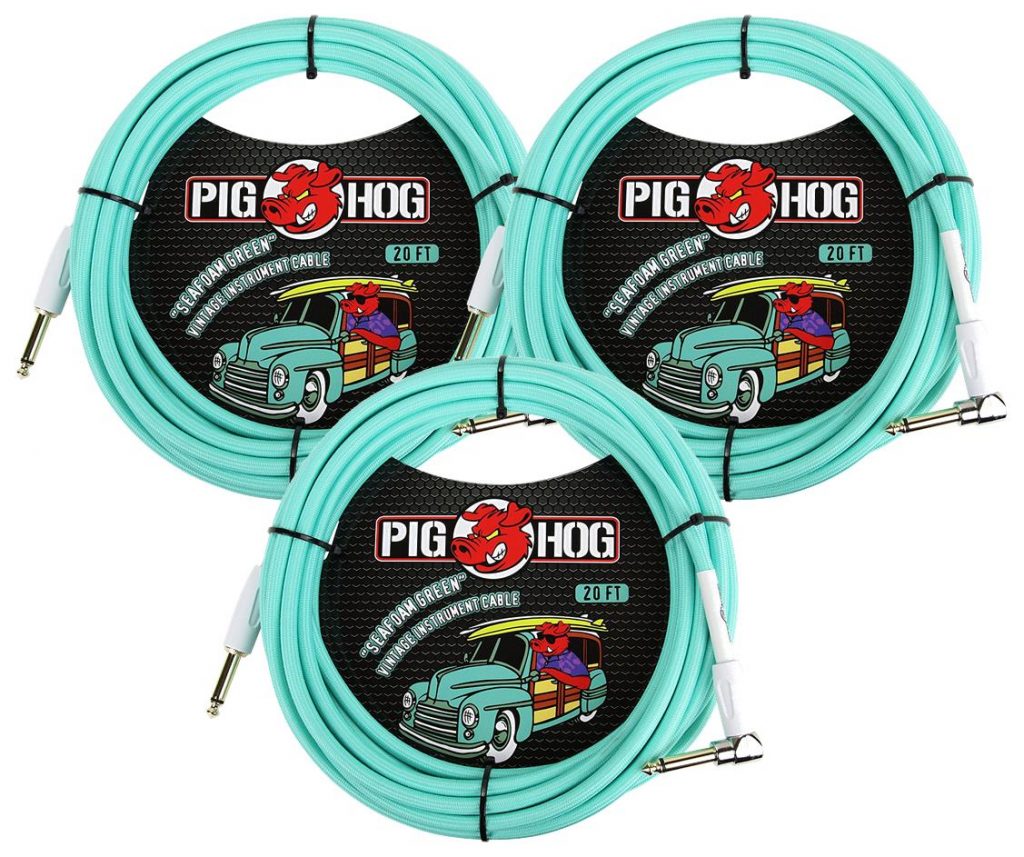 3 Pack Pig Hog 1/4' Straight to 1/4' Right-Angle Seafoam Green Instrument Cable, 20 feet PCH20SGR-3