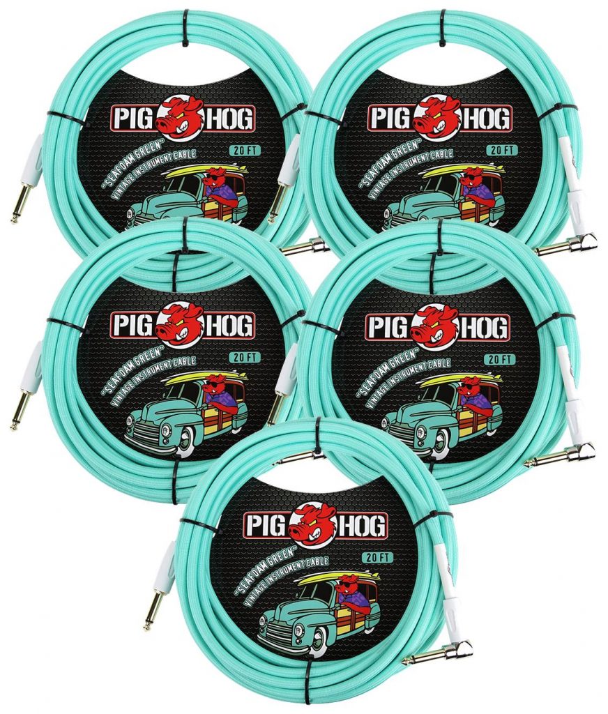 5 Pack Pig Hog 1/4' Straight to 1/4' Right-Angle Seafoam Green Instrument Cable, 20 feet PCH20SGR-5