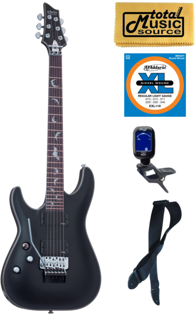 Schecter LEFTY Damien Platinum 6-FR Electric Guitar, Satin Black, 1184 Bundle