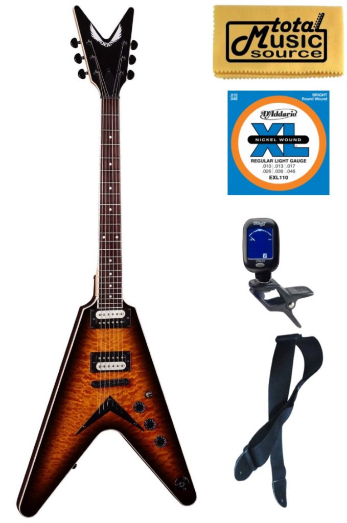 Dean Guitars VX Quilt Maple Electric Guitar, Trans Brazilia, Bundle