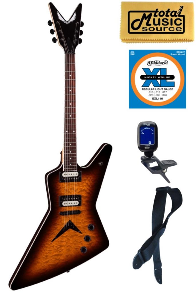 Dean Guitars 6 String ZX Quilt Maple Electric Guitar, Trans Brazilia, Bundle
