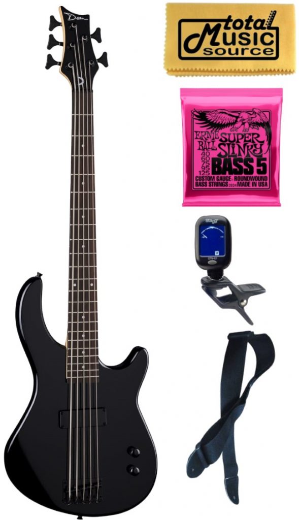 Dean Guitars Edge 09 5 String Electric Bass, Classic Black, Bundle