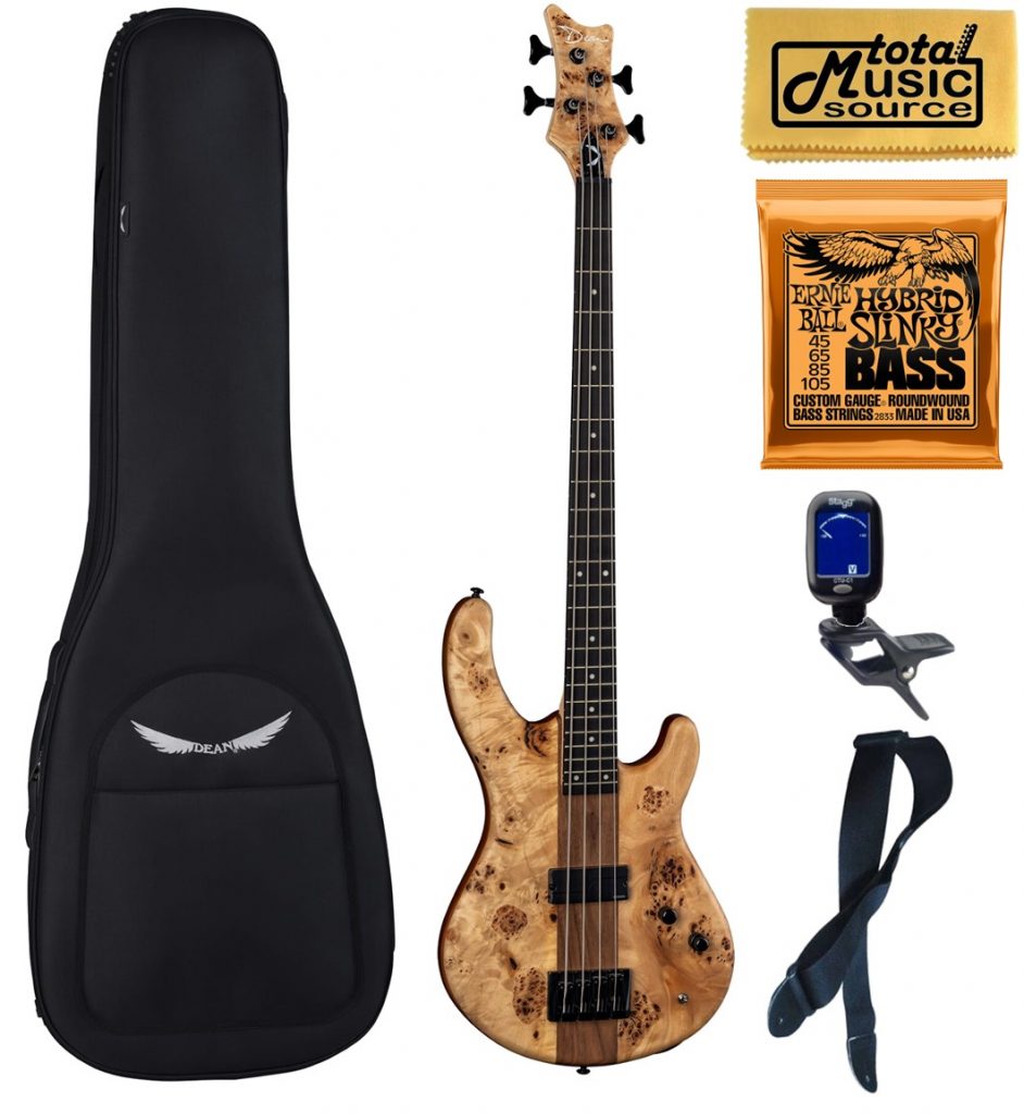 Dean Edge Select Pro 4-String Bass, Burled Poplar Satin Natural, Bag Bundle