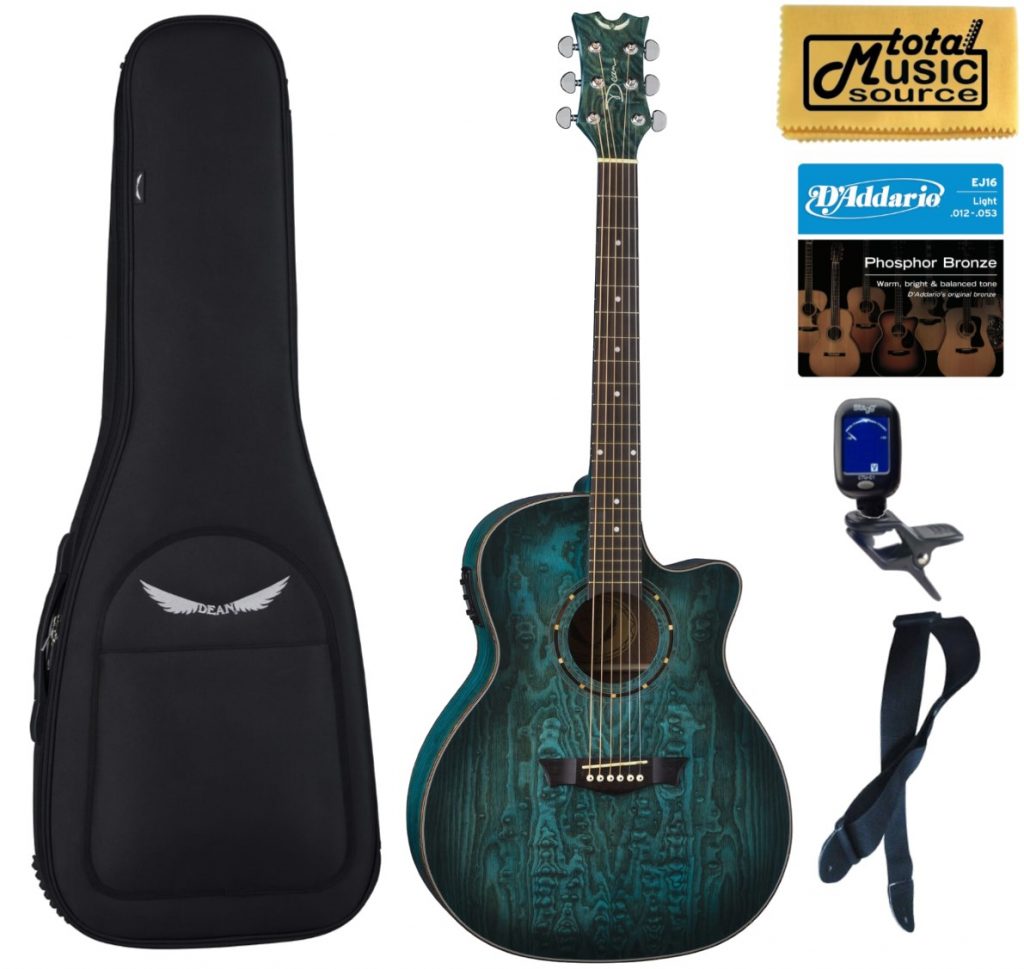 Dean Exotica Quilt Ash Trans Blue A/E Guitar, Preamp, Bag Bundle