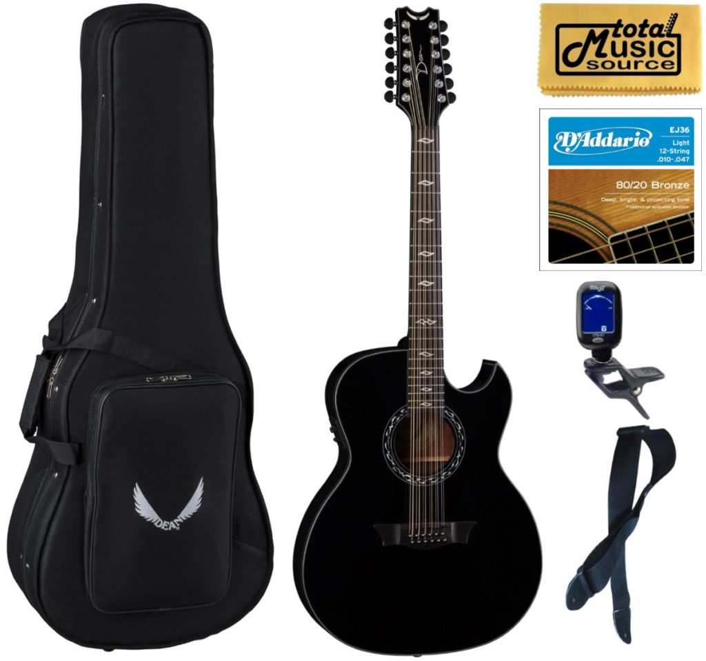 Dean Exhibition Acoustic Electric 12 String Guitar, Classic Black, Light Weight Case Bundle