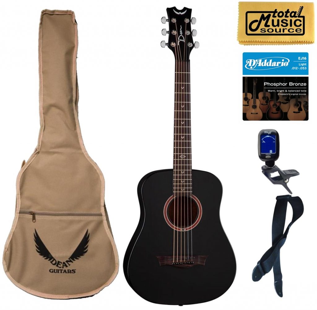 Dean Guitars 3/4 Flight Series Travel Acoustic Guitar, Black Satin, Bundle