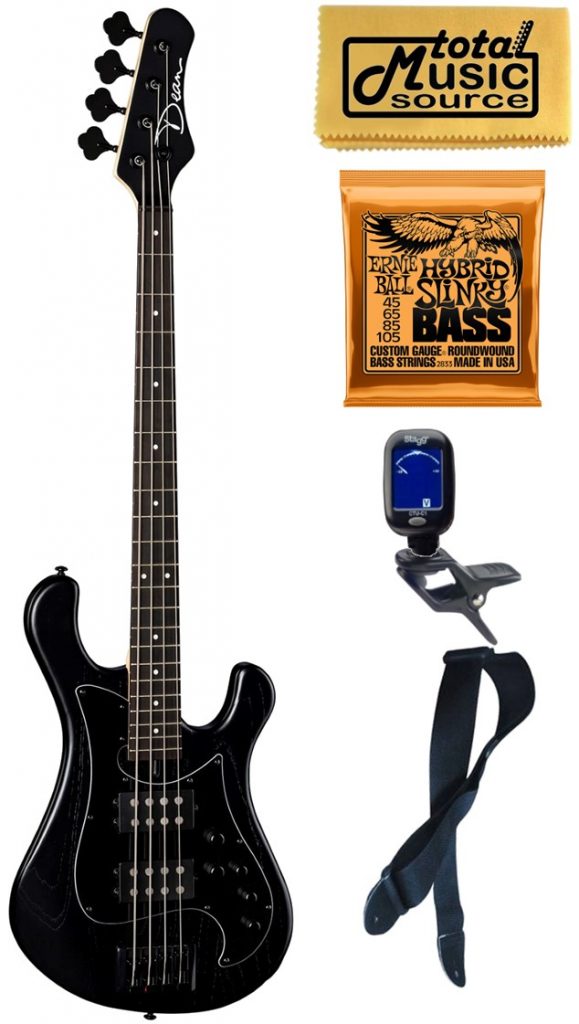 Dean Hillsboro Select Black Satin 4 String Bass Guitar, Bundle