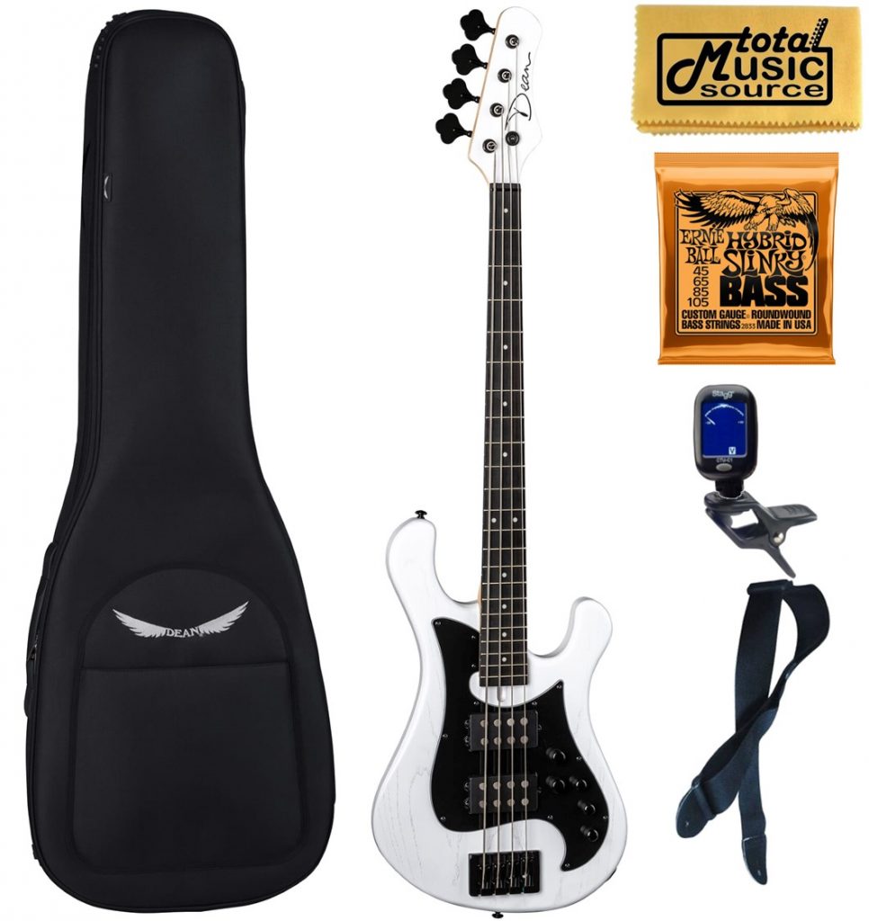 Dean Hillsboro Select White Satin 4 String Bass Guitar, Bag Bundle