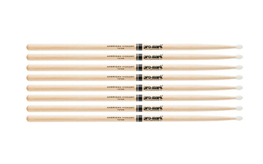 4 PACK Pro-Mark Hickory Nylon Tip Premium Drum Sticks - 7A Light, TX7AN-4