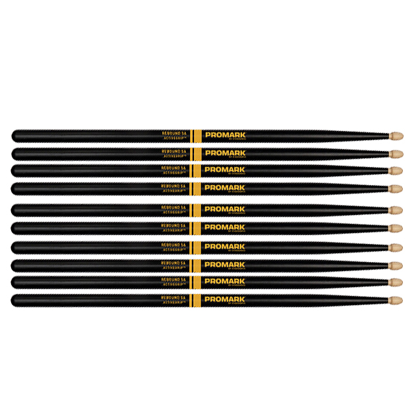 5 PACK Promark ActiveGrip Rebound 5A Drumsticks, Acorn Tip, Black, R5AAG-5