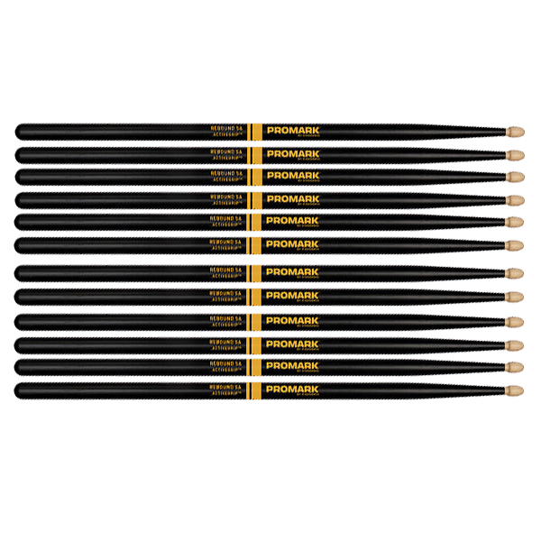 6 PACK Promark ActiveGrip Rebound 5A Drumsticks, Acorn Tip, Black, R5AAG-6