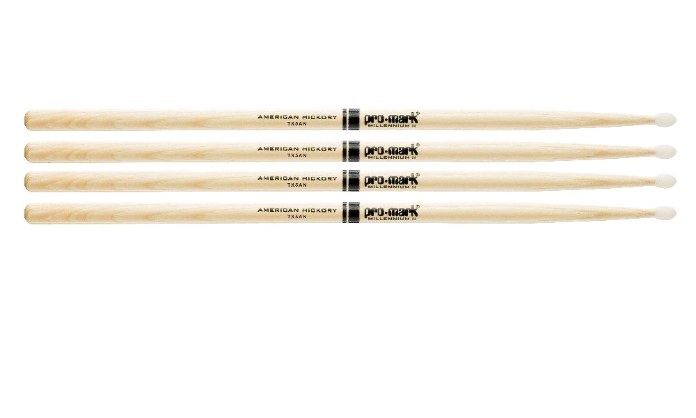 2 PACK Pro-Mark Hickory Drum Sticks, 5A Oval Nylon Tips, Medium, Made in USA, TX5AN-2