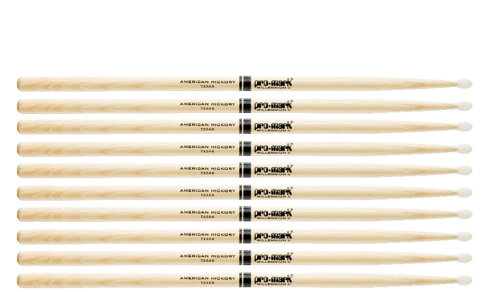 5 PACK Pro-Mark Hickory Drum Sticks, 5A Oval Nylon Tips, Medium, Made in USA, TX5AN-5