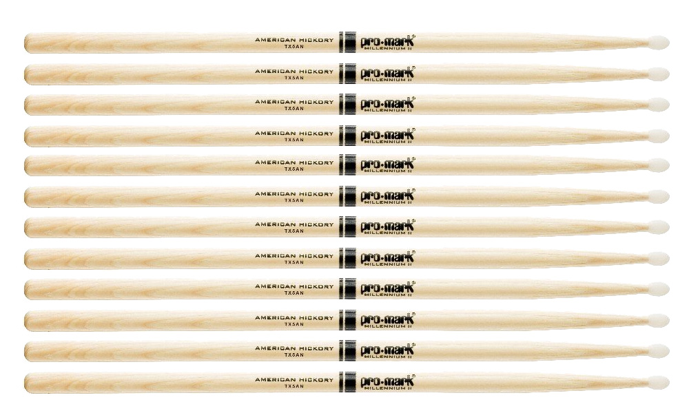 6 PACK Pro-Mark Hickory Drum Sticks, 5A Oval Nylon Tips, Medium, Made in USA, TX5AN-6