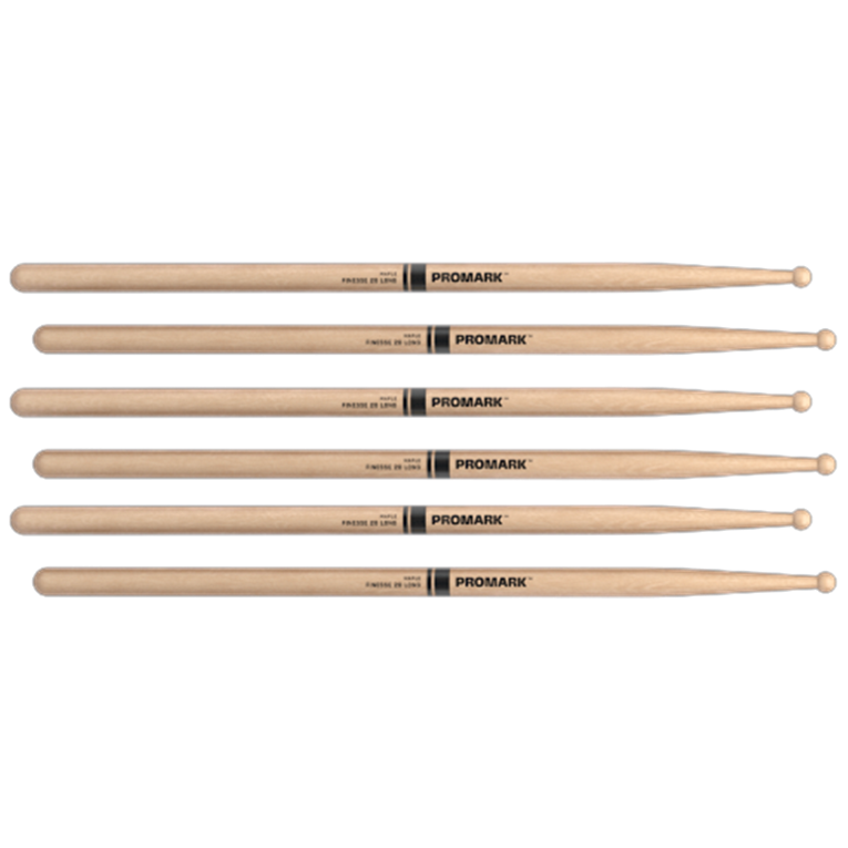 3 PACK ProMark Finesse 2B Long Maple Drumsticks, Small Round Wood Tip