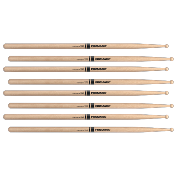 4 PACK ProMark Finesse 5A Long Maple Drumsticks, Small Round Wood Tip