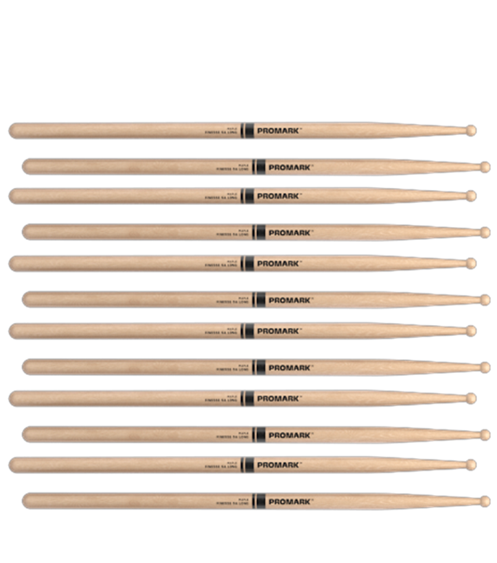 6 PACK ProMark Finesse 5A Long Maple Drumsticks, Small Round Wood Tip