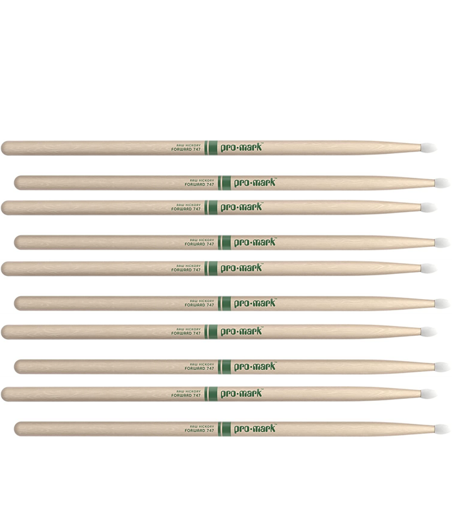 5 PACK ProMark Classic Forward 747 Raw Hickory Drumsticks, Oval Nylon Tip