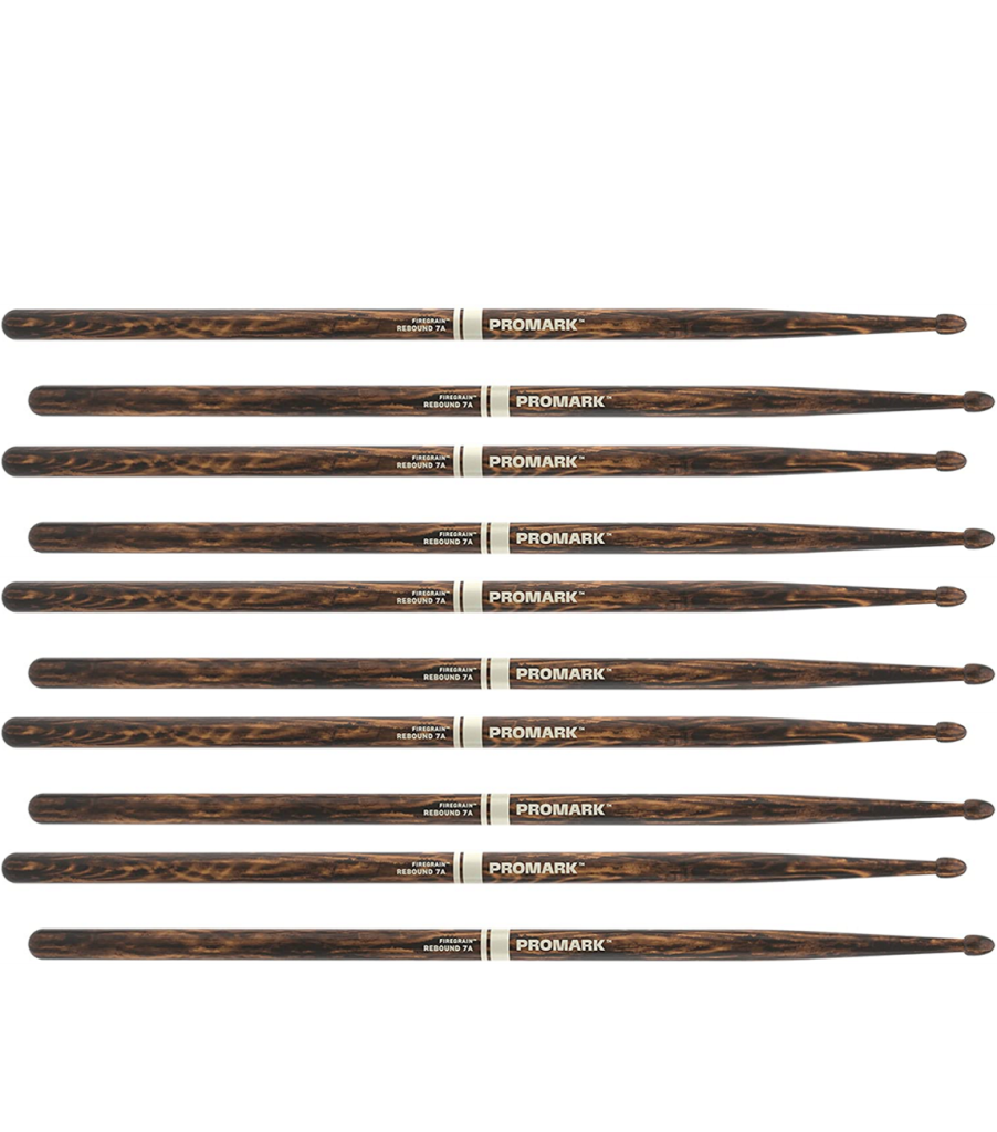 5 PACK ProMark Rebound 7A FireGrain Hickory Drumsticks, Acorn Wood Tip