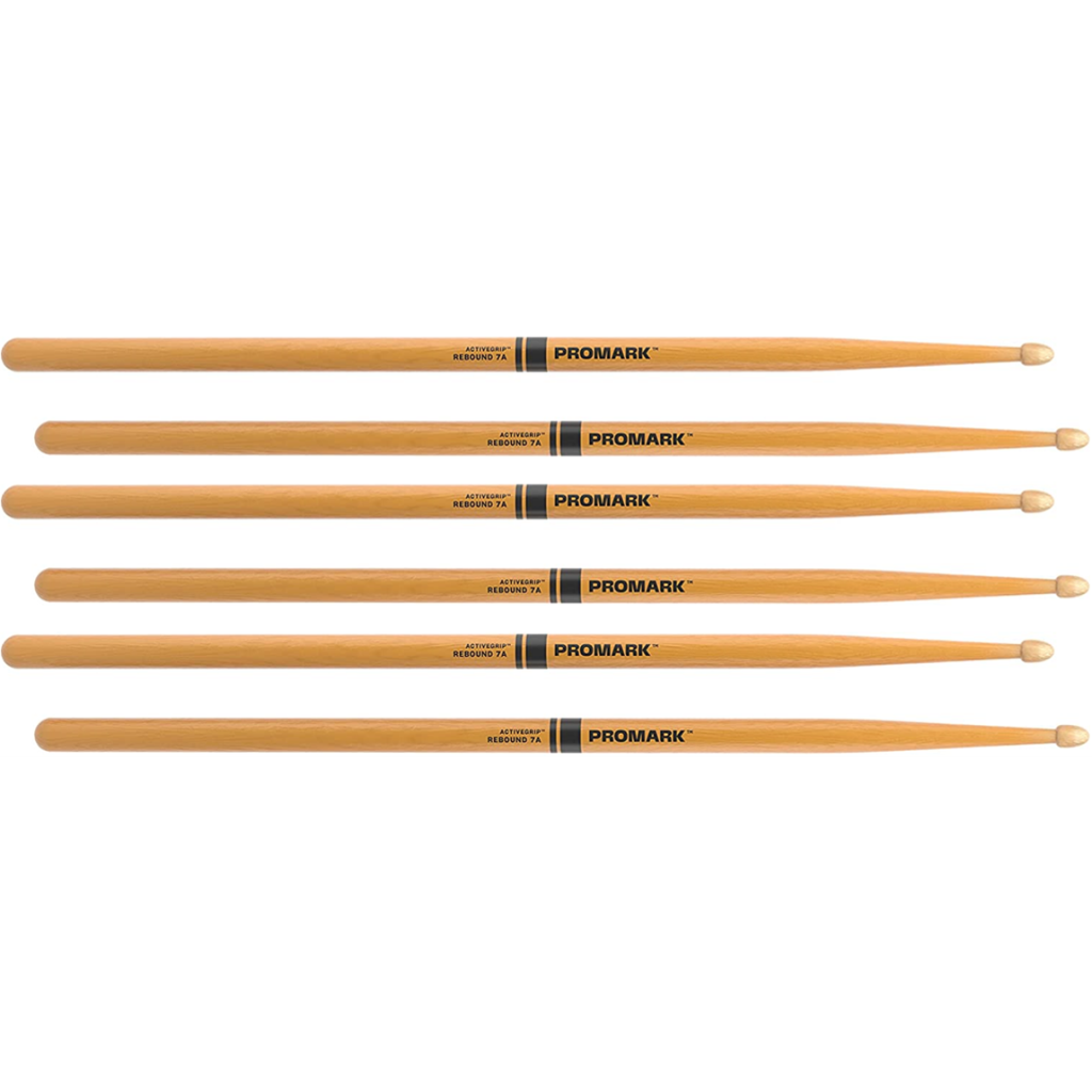 3 PACK Promark Rebound 7A ActiveGrip Clear Hickory Drumstick, Acorn Wood Tip