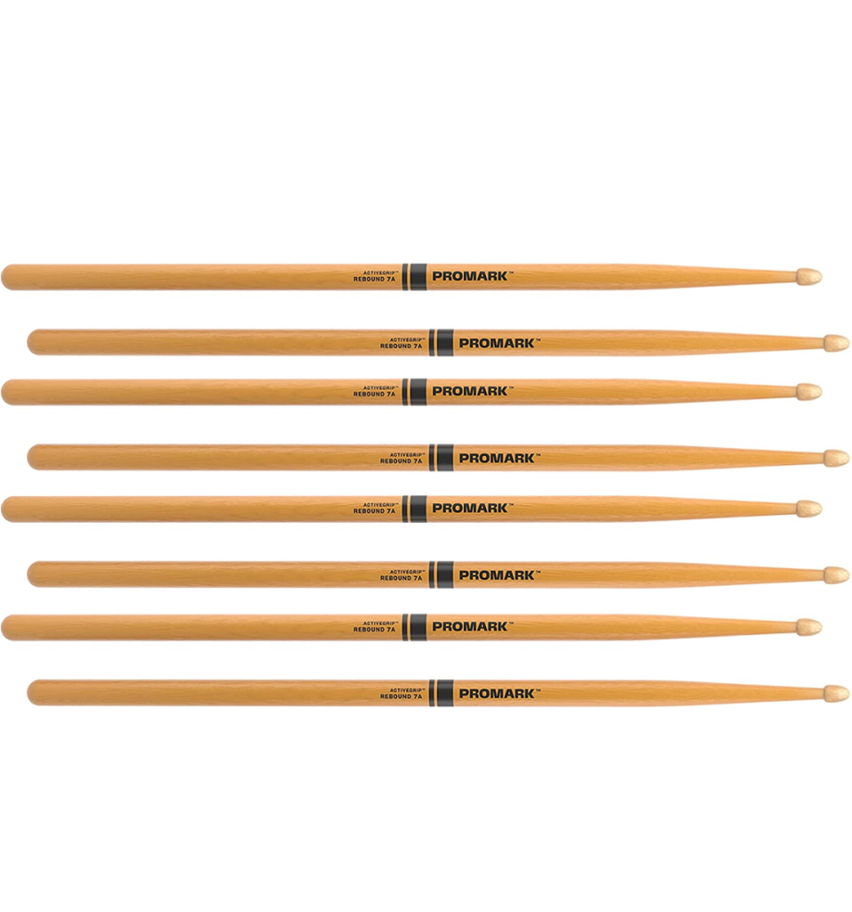 4 PACK Promark Rebound 7A ActiveGrip Clear Hickory Drumstick, Acorn Wood Tip