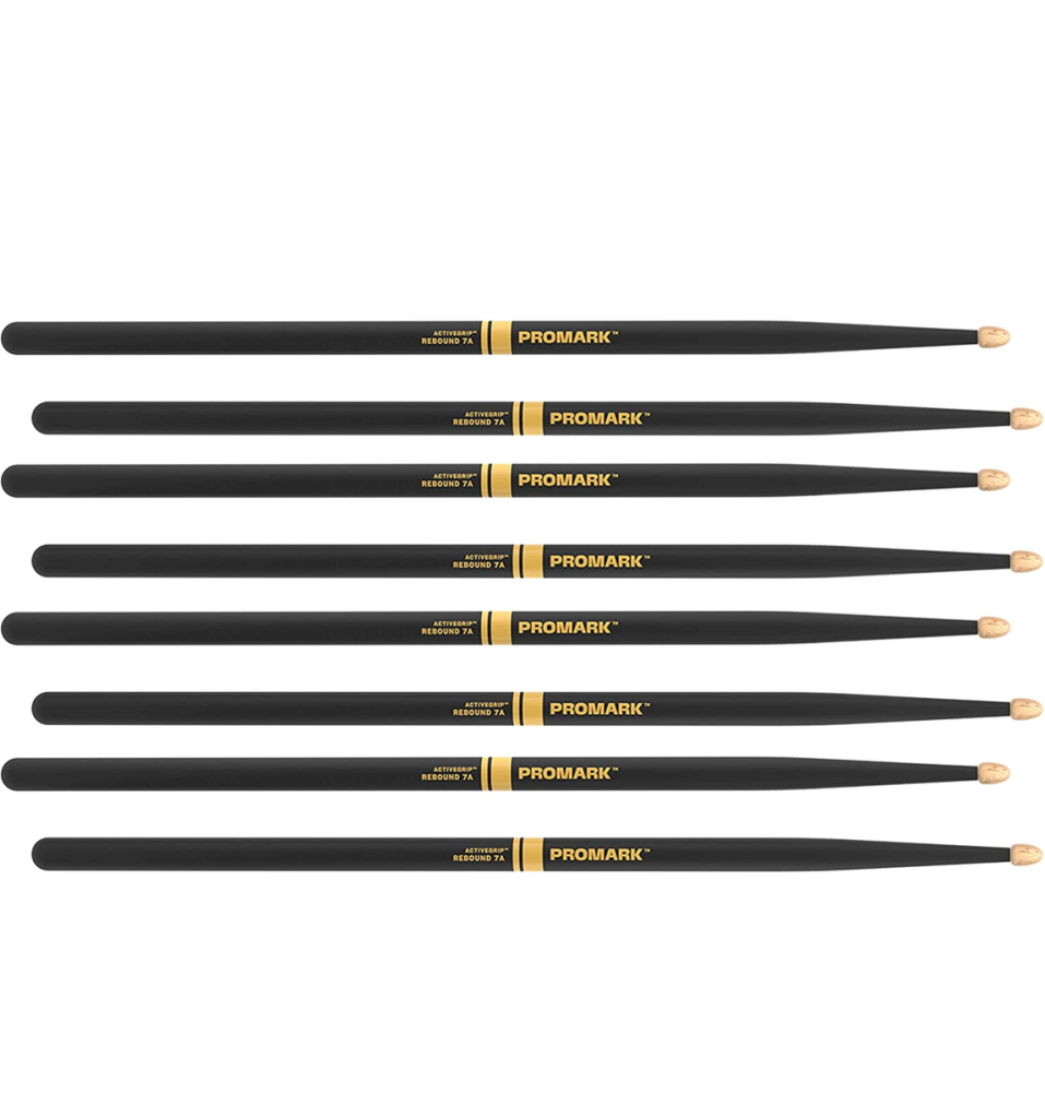 4 PACK Promark Rebound 7A ActiveGrip Hickory Drumstick, Acorn Wood Tip